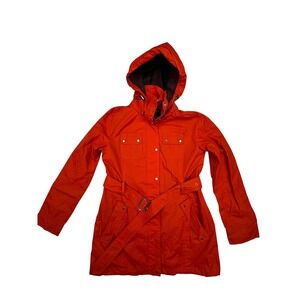 Miss Sixty M60 Hooded Trench Coat Women Small Red Belted Utility Rain Jacket